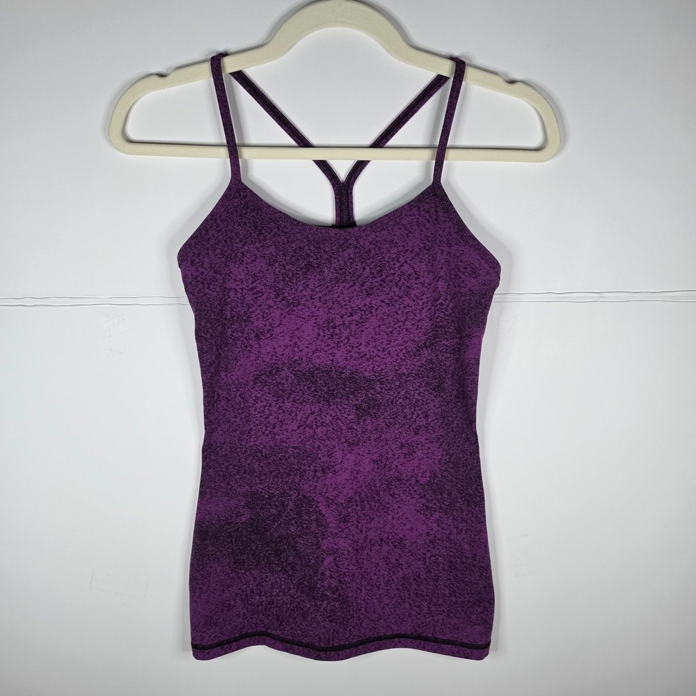 Lululemon‎ Power Y Tank Top Size 4 Purple Black Spray Jacquard Built In Bra Luon